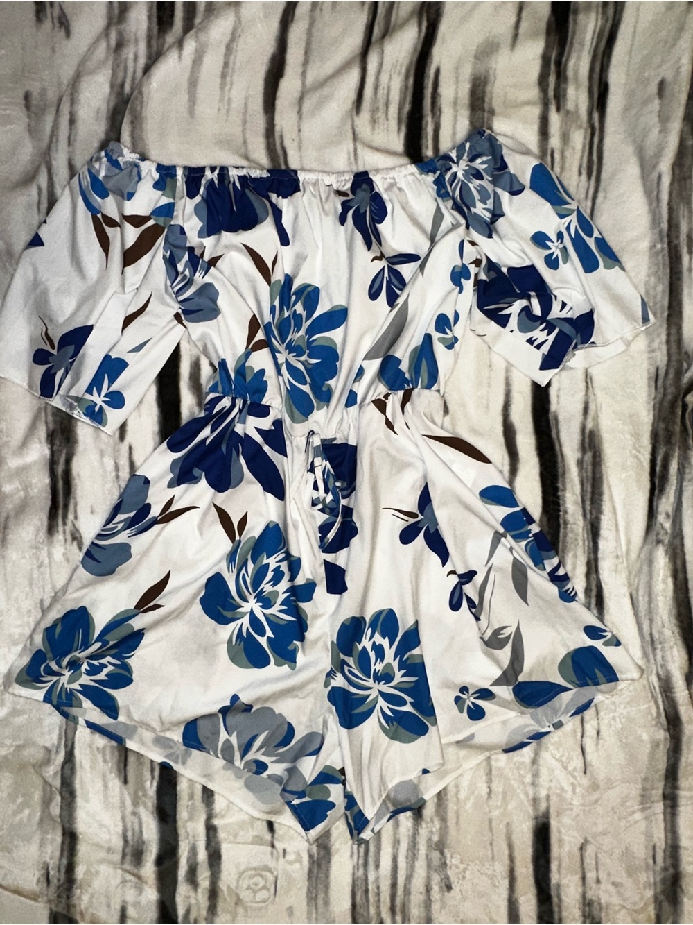 White Off-Shoulder Romper with Blue Floral Print
